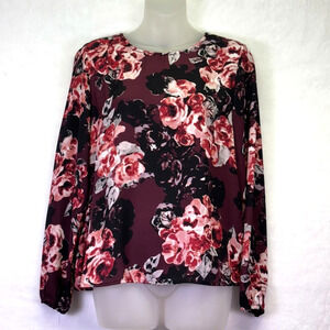 Philosophy Black Burgundy Floral Long Sleeve Blouse Semi Sheer Back Buttons XS